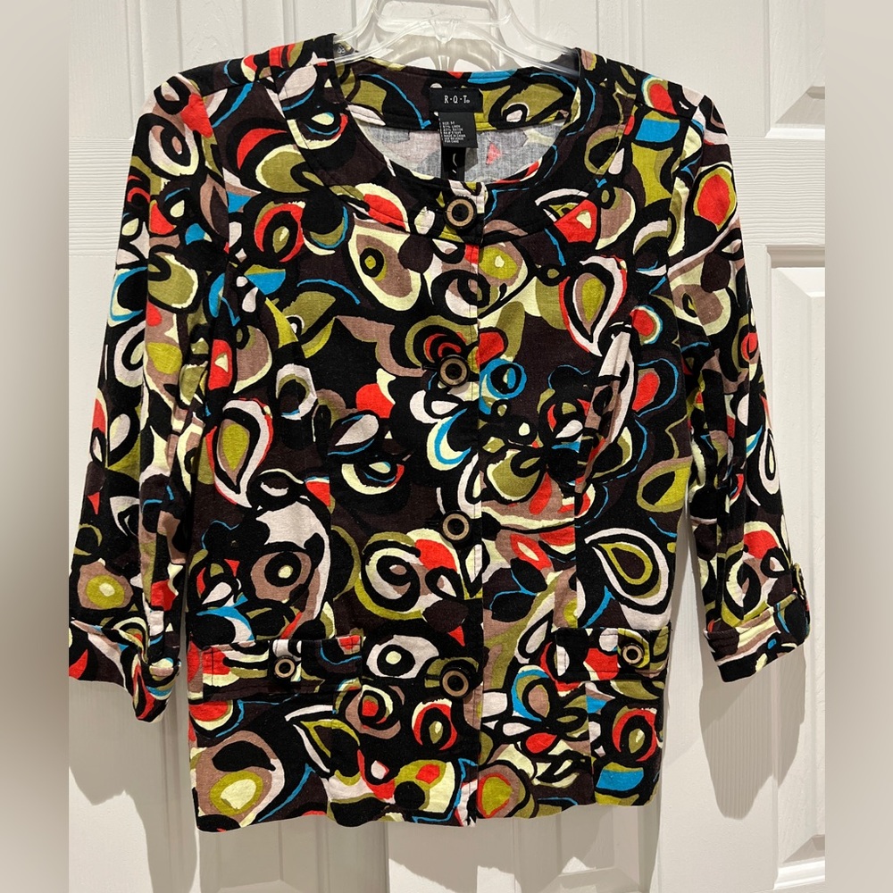 R.Q.T. Jacket SZ M, 3/4 Sleeve, Multi color Unlined 4 button, Linen Blend